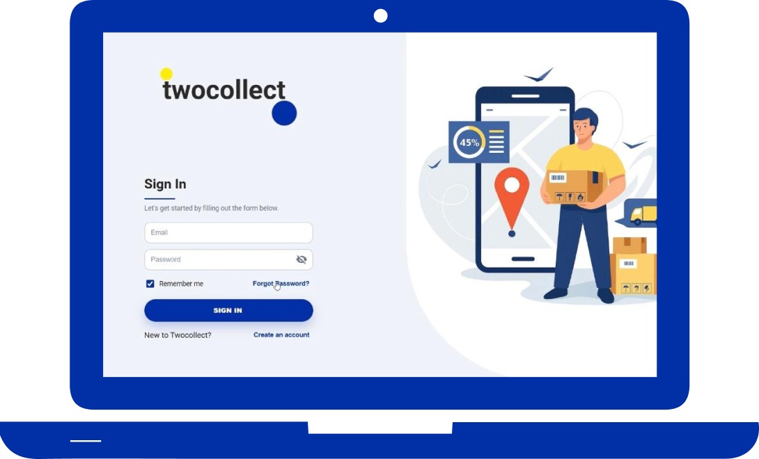 شاشة تسجيل الدخول إلى TwoCollect على حاسوب محمول