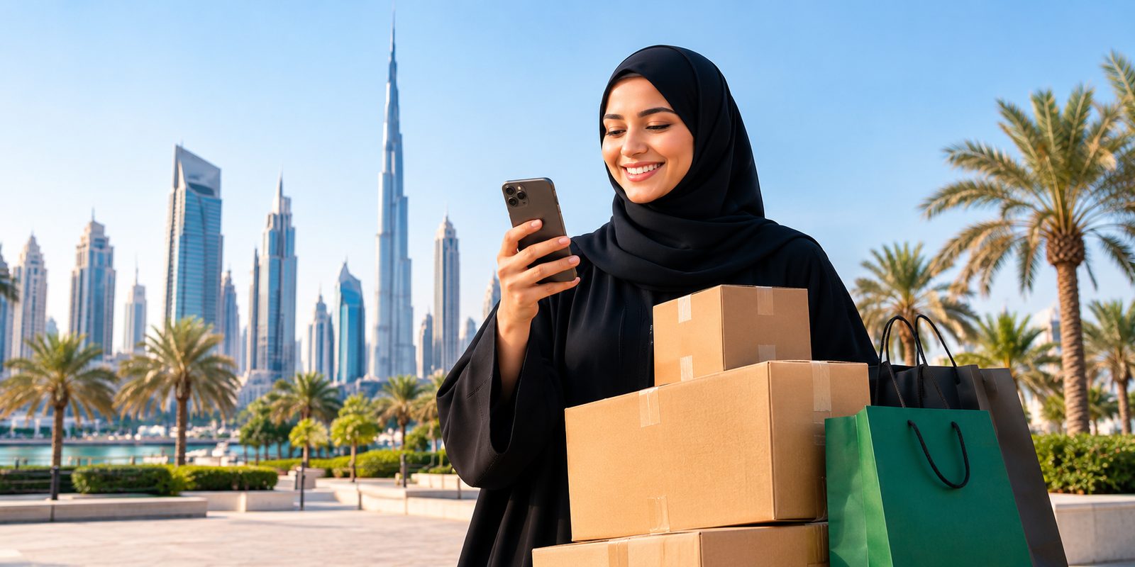 A shopper in Dubai checks her delivery on her phone, parcels and shopping bags beside her